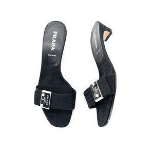 Prada Enamel Metal Logo Plaque Kitten Heel Slip On Mules Sandals 36.5